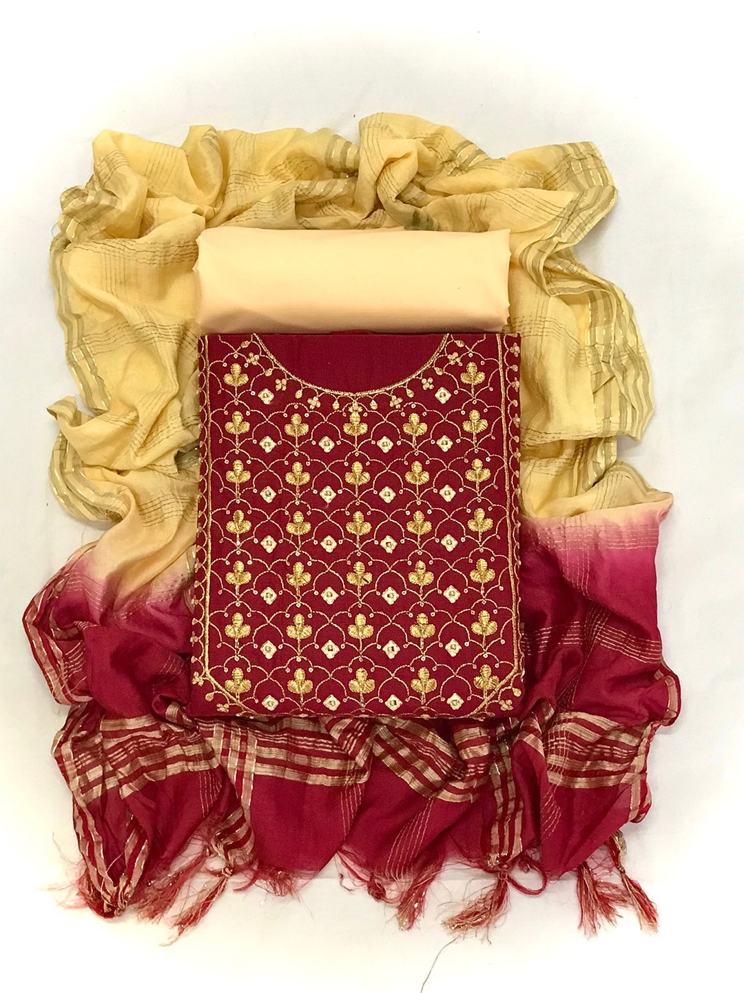 

MORLY Maroon & Gold-Toned Embroidered Unstitched Dress Material