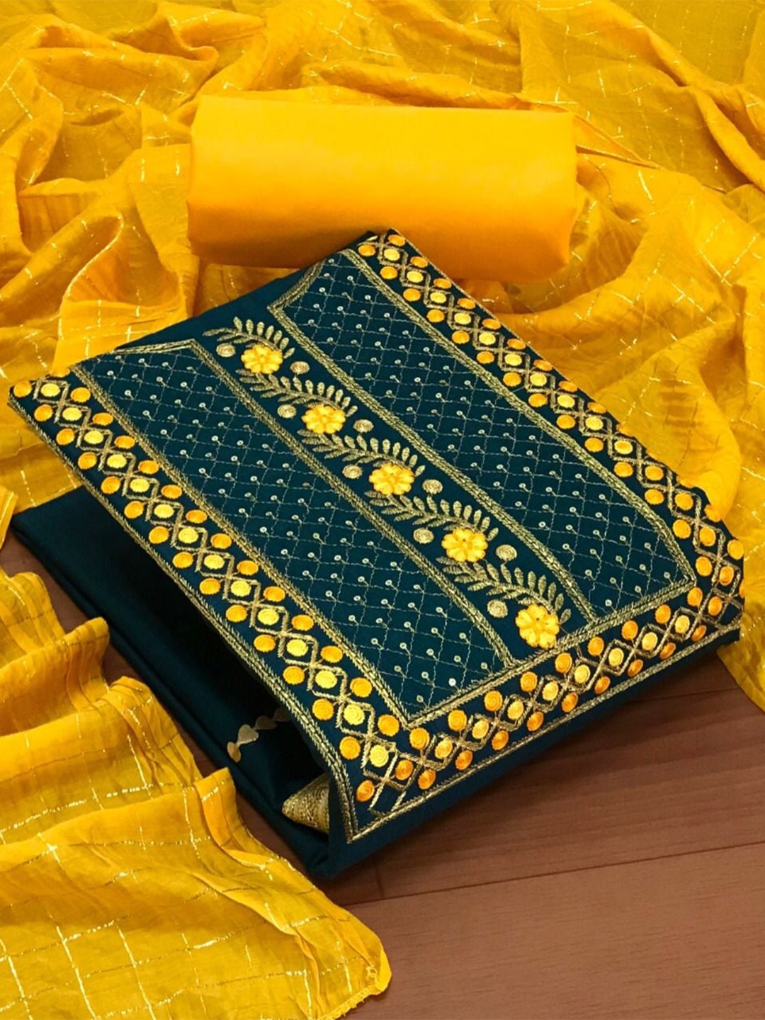 

MORLY Blue & Yellow Embroidered Unstitched Dress Material
