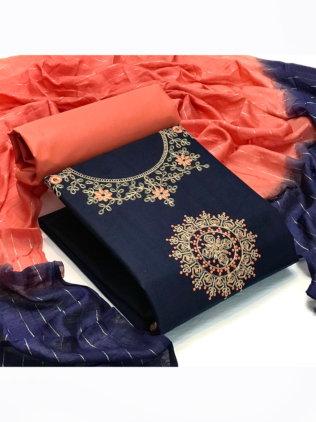 

MORLY Blue & Peach-Coloured Embroidered Unstitched Dress Material
