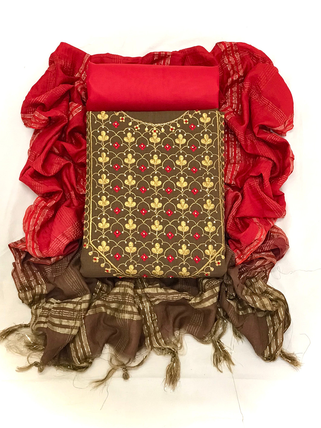 

MORLY Green & Red Embroidered Unstitched Dress Material