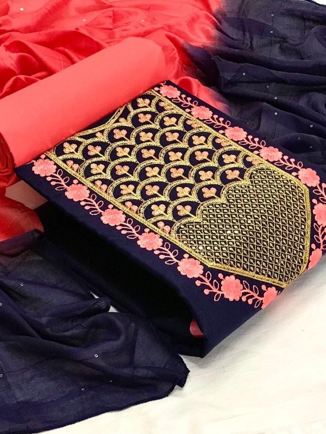 

MORLY Blue & Pink Embroidered Unstitched Dress Material