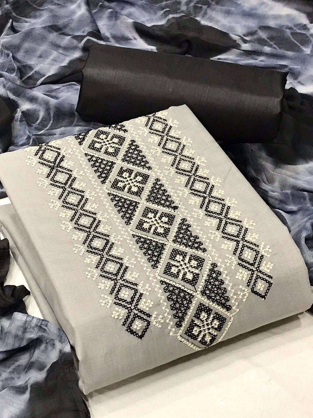

MORLY White & Black Embroidered Unstitched Dress Material