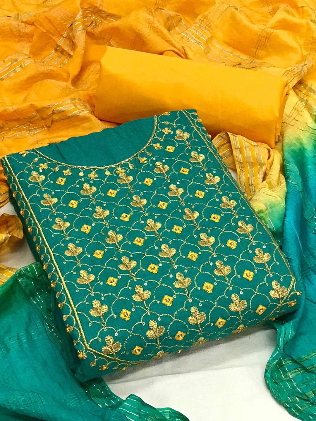 

MORLY Green & Yellow Embroidered Unstitched Dress Material