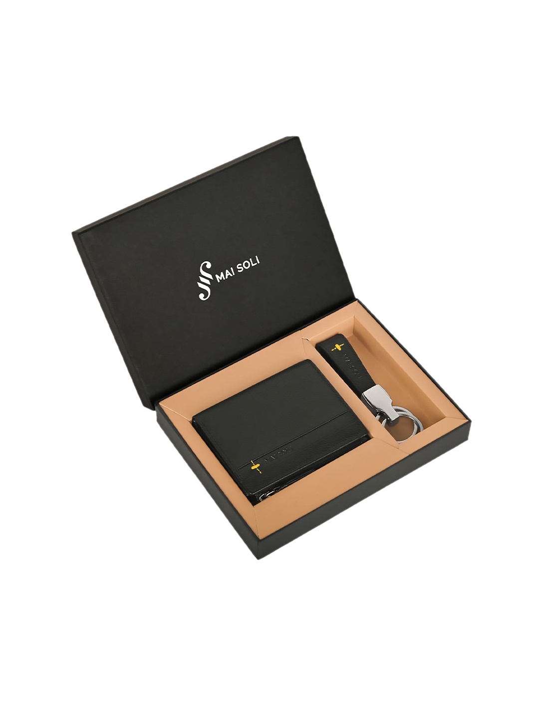 

MAI SOLI Men Neo Genuine Leather RFID Protected Zip Wallet & Key Ring Accessory Gift Set, Black