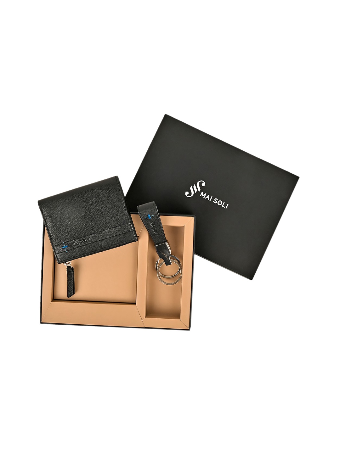 

MAI SOLI Men Neo Genuine Leather RFID Protected Zip Wallet & Key Ring Gift Set, Black