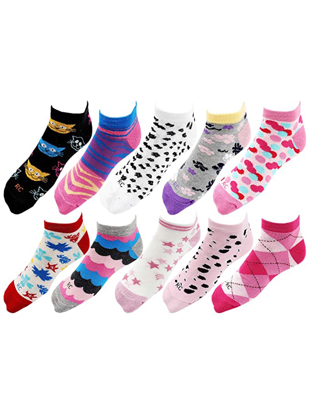 

RC. ROYAL CLASS Women Pack Of 10 Patterned Cotton Ankle Length Socks, Pink