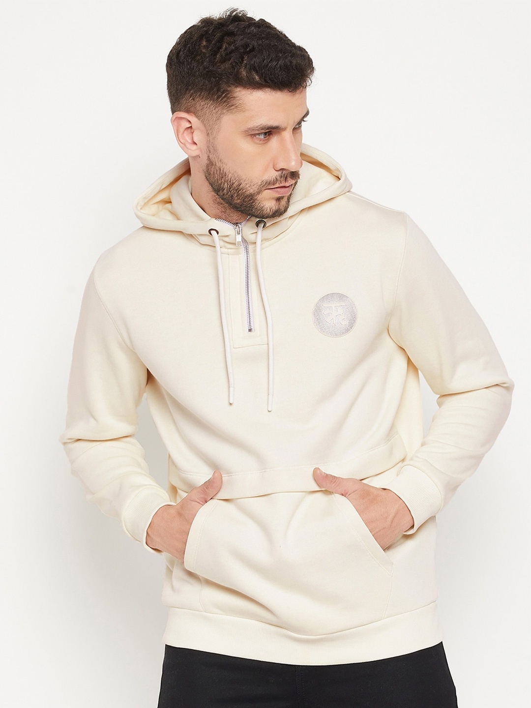 

EDRIO Men White Hooded Sweatshirt