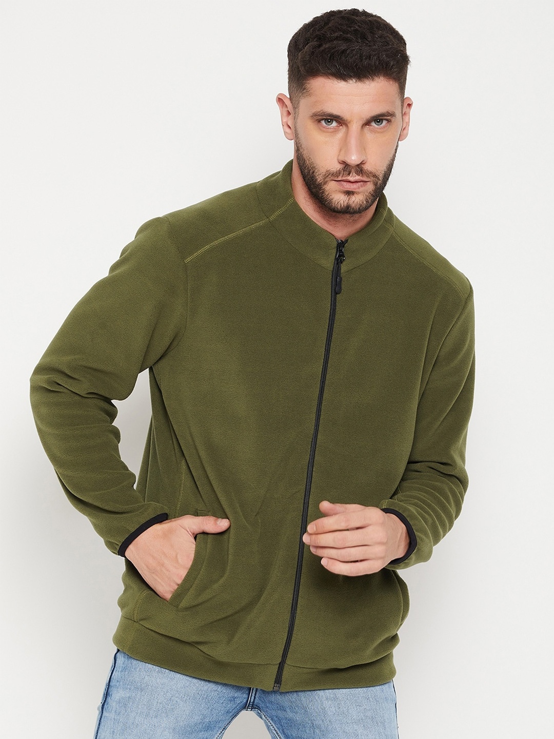 

EDRIO Men Olive Green Solid High Neck Sweatshirt