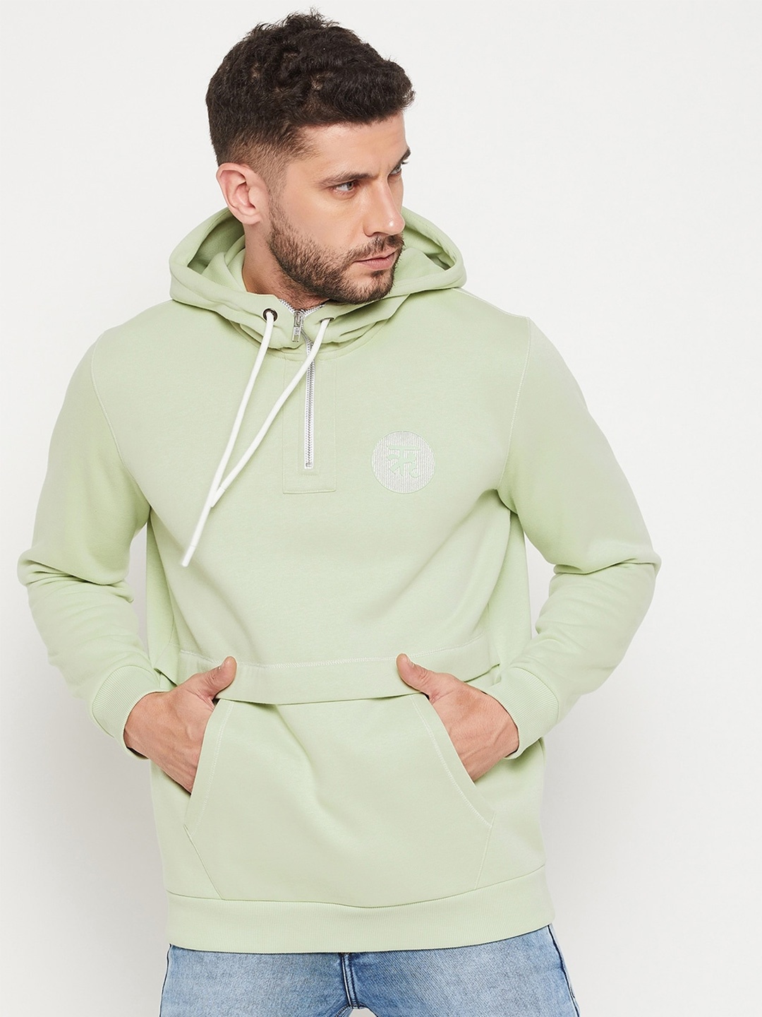 

EDRIO Men Green Hooded Fleece Sweatshirt