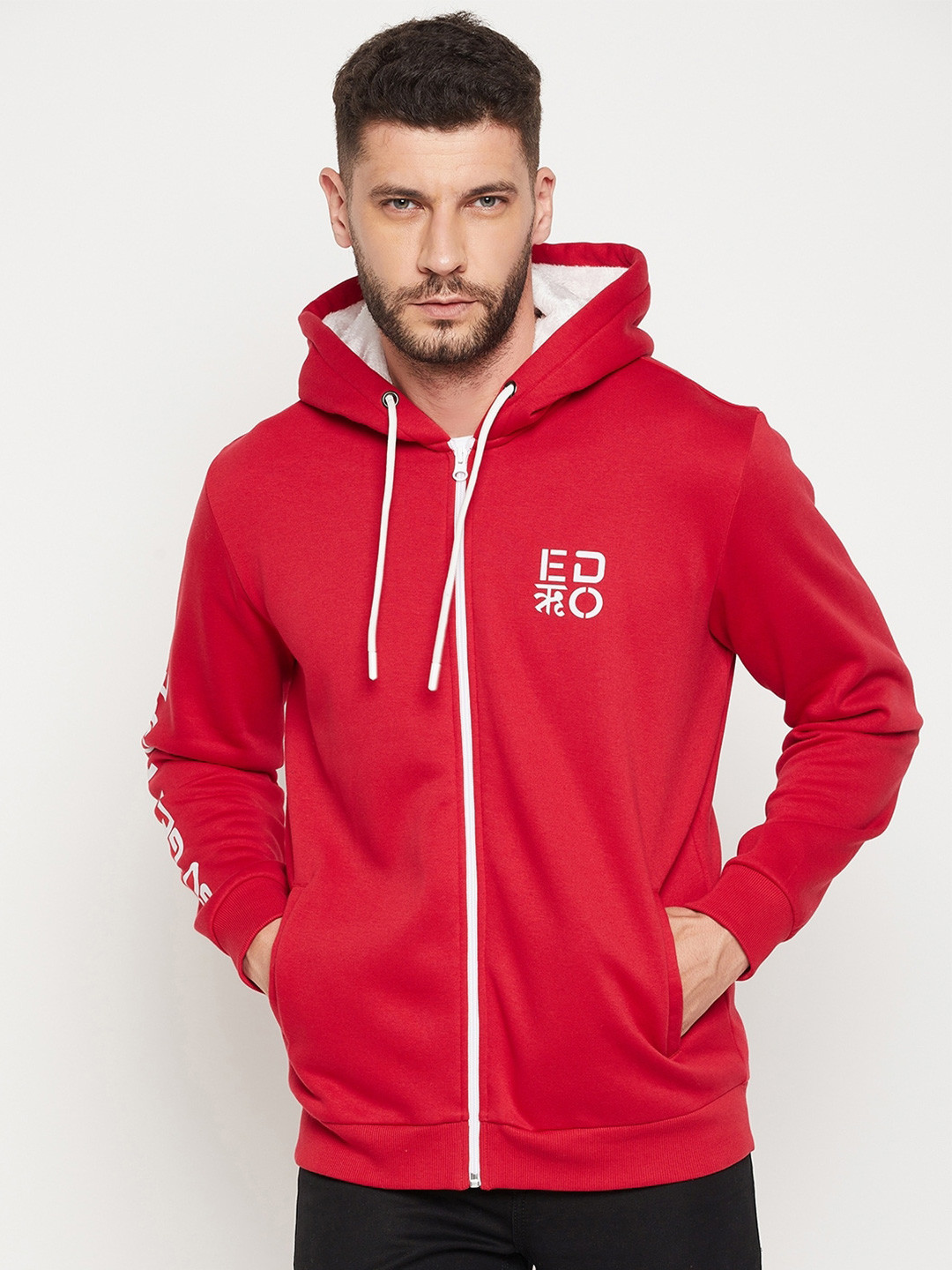 

EDRIO Men Red Hooded Fleece Sweatshirt