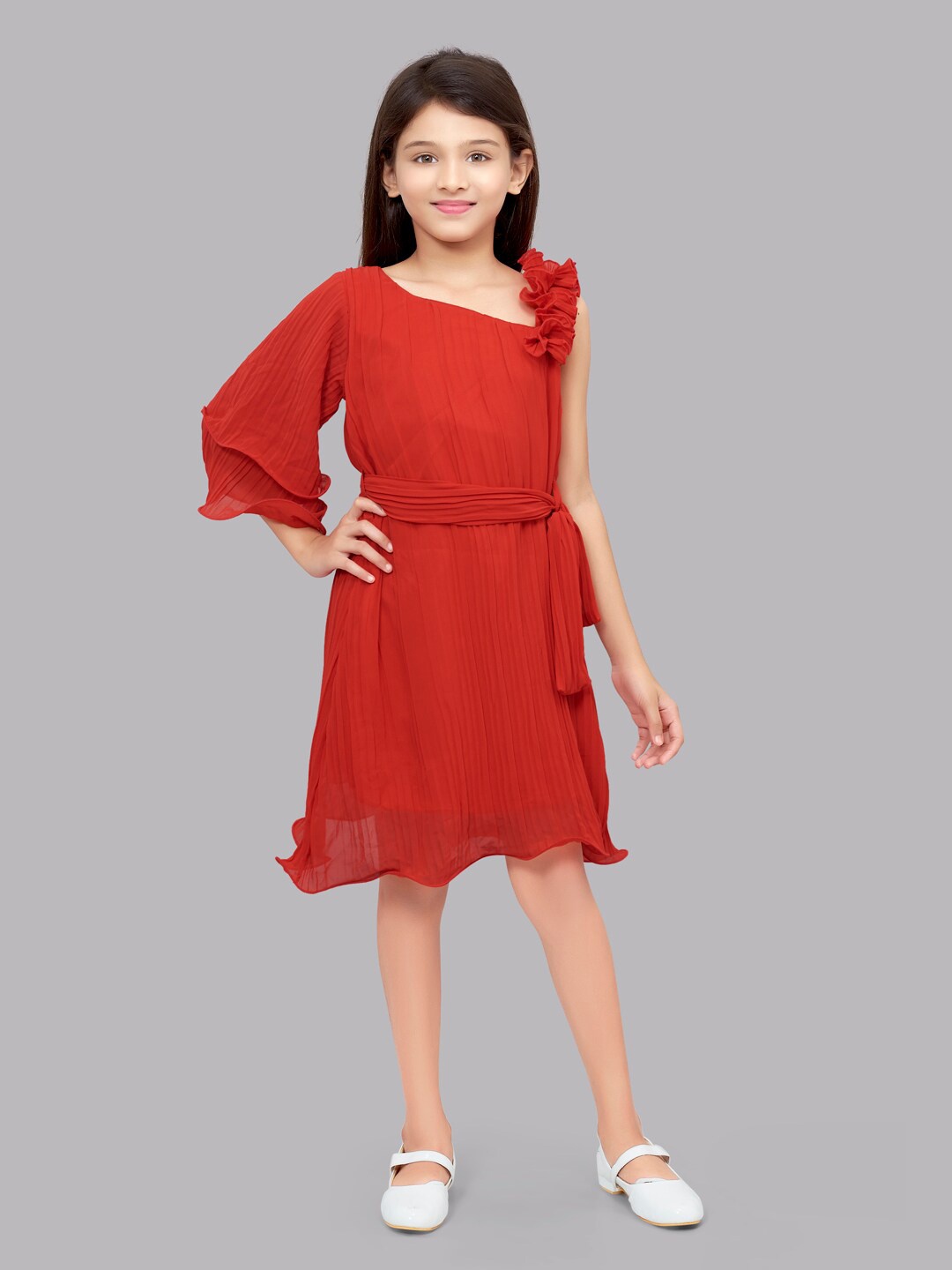 

Pink Chick Girls Red One Shoulder Georgette A-Line Dress