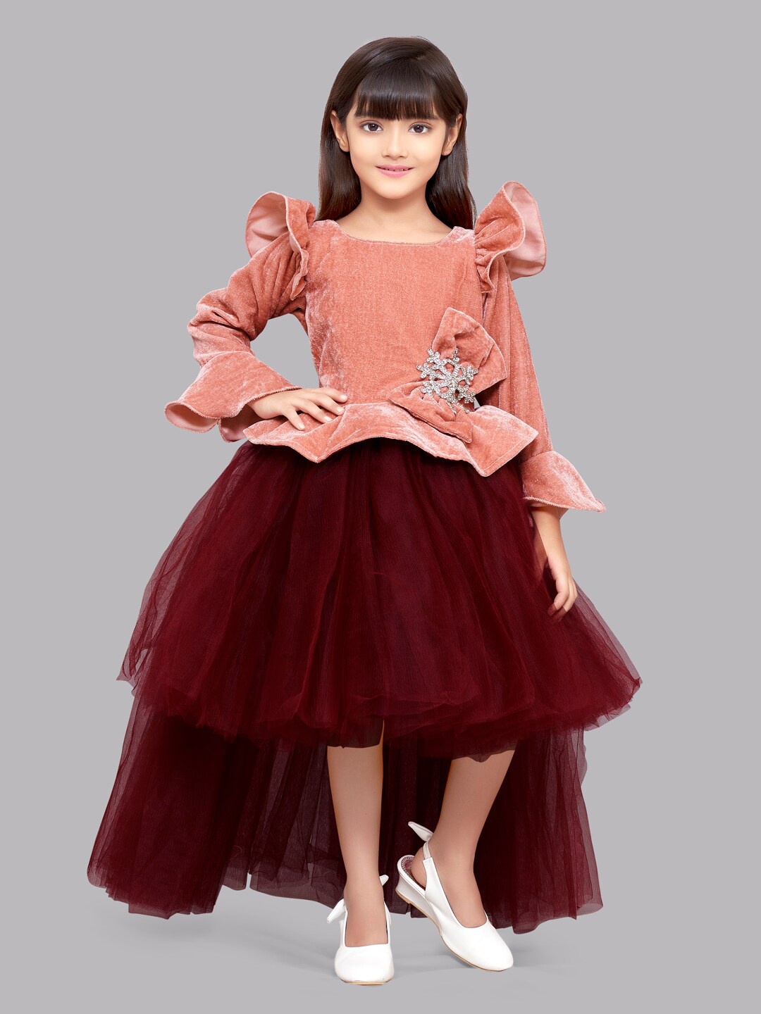 

Pink Chick Rose Gold & Maroon Velvet Hi-Low Dress