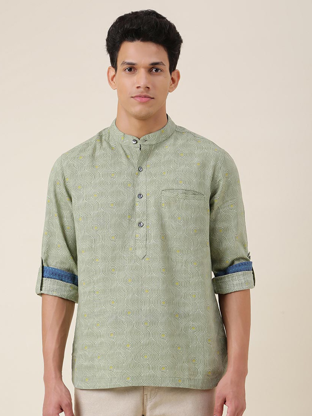 

Fabindia Men Green Slim Fit Printed Cotton Casual Shirt