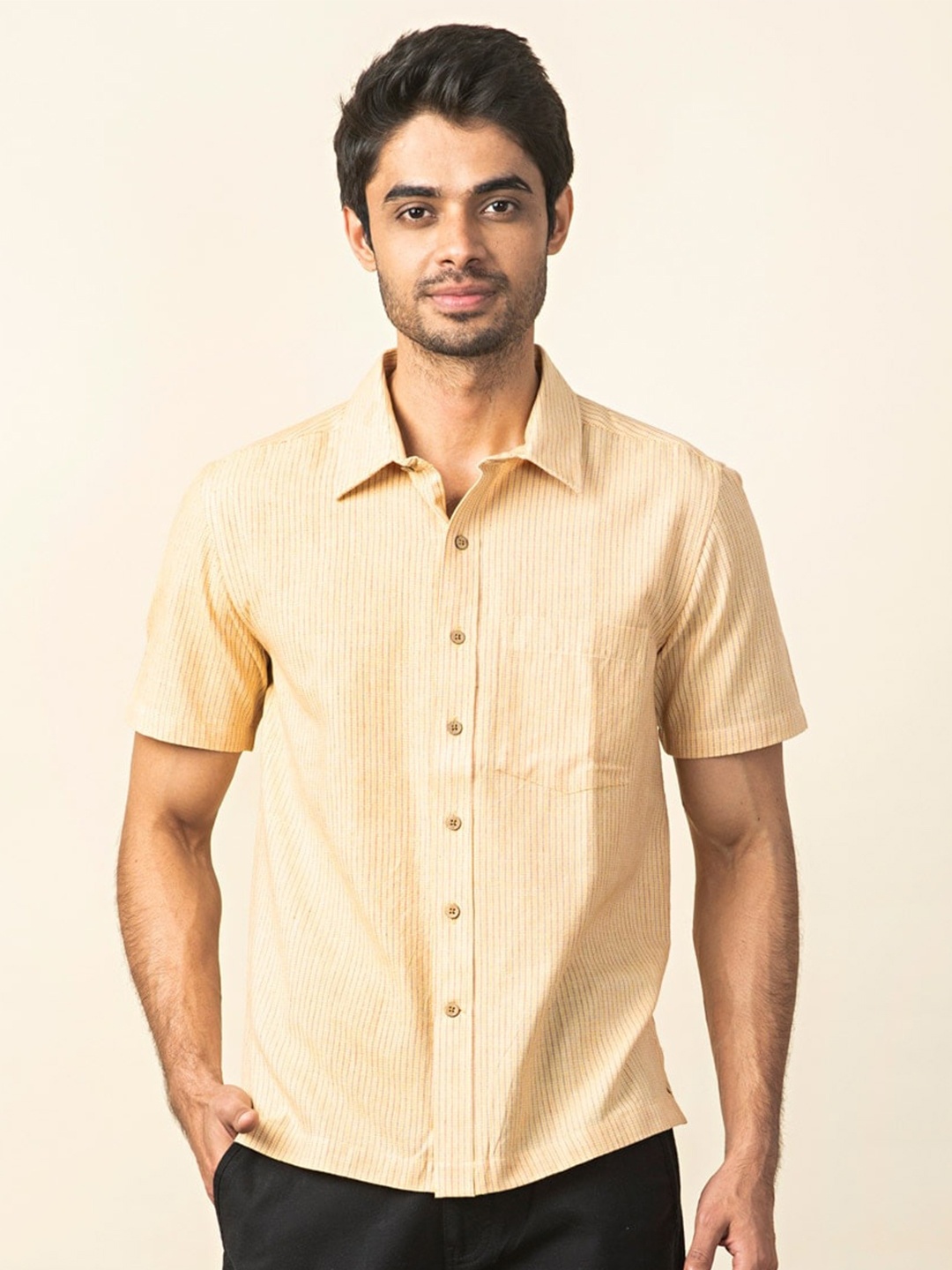 

Fabindia Men Comfort Striped Cotton Casual Shirt, Yellow