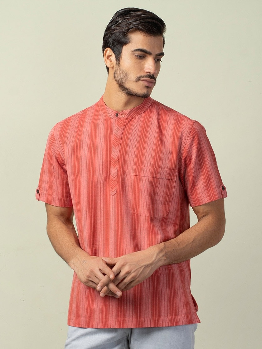 

Fabindia Men Comfort Striped Cotton Casual Shirt, Red
