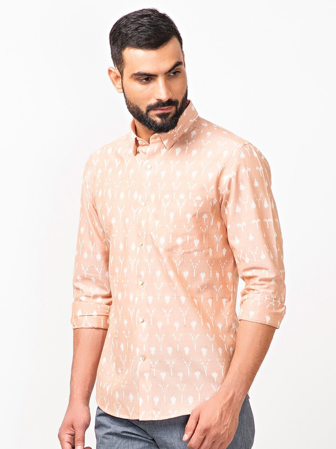 

Fabindia Men Brown Slim Fit Printed Cotton Casual Shirt