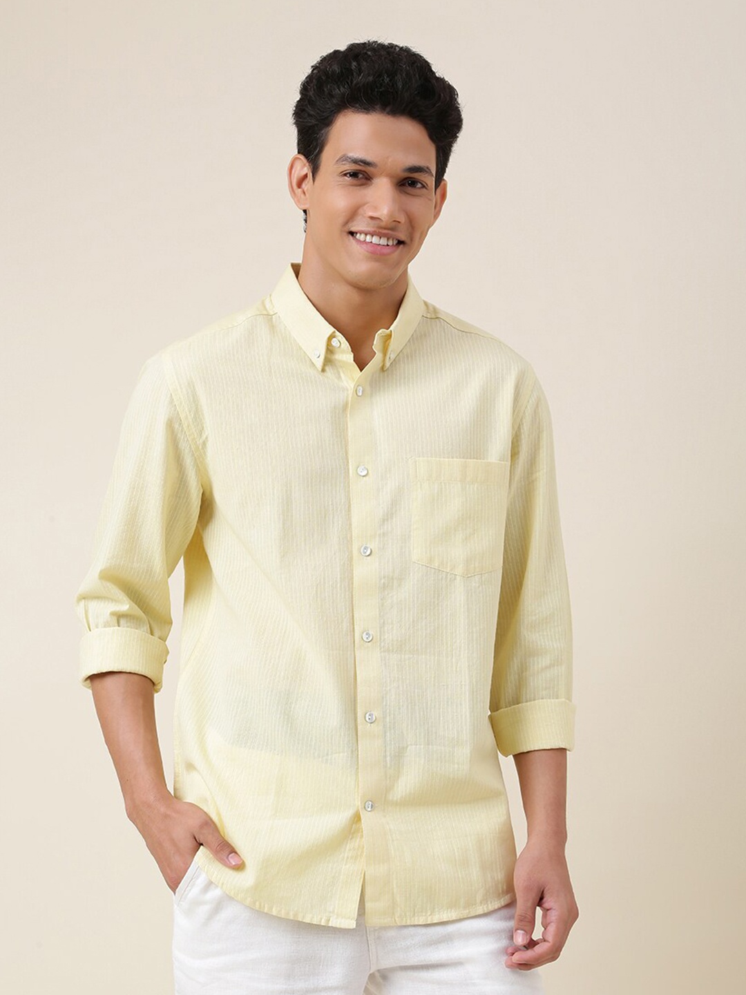 

Fabindia Men Yellow Cotton Solid Slim Fit Casual Shirt