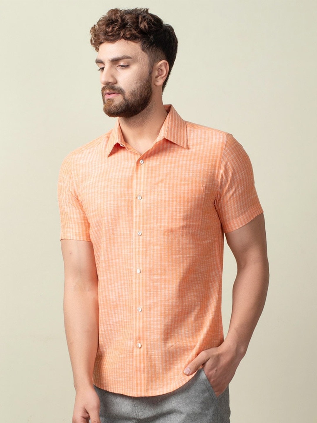 

Fabindia Men Orange Cotton Slim Fit Striped Casual Shirt