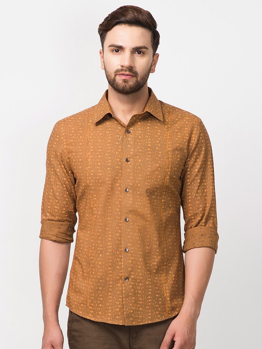 

Fabindia Men Cotton Slim Fit Printed Casual Shirt, Mustard
