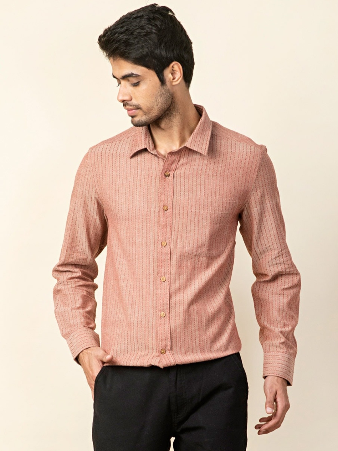 

Fabindia Men Cotton Comfort Striped Formal Shirt, Red