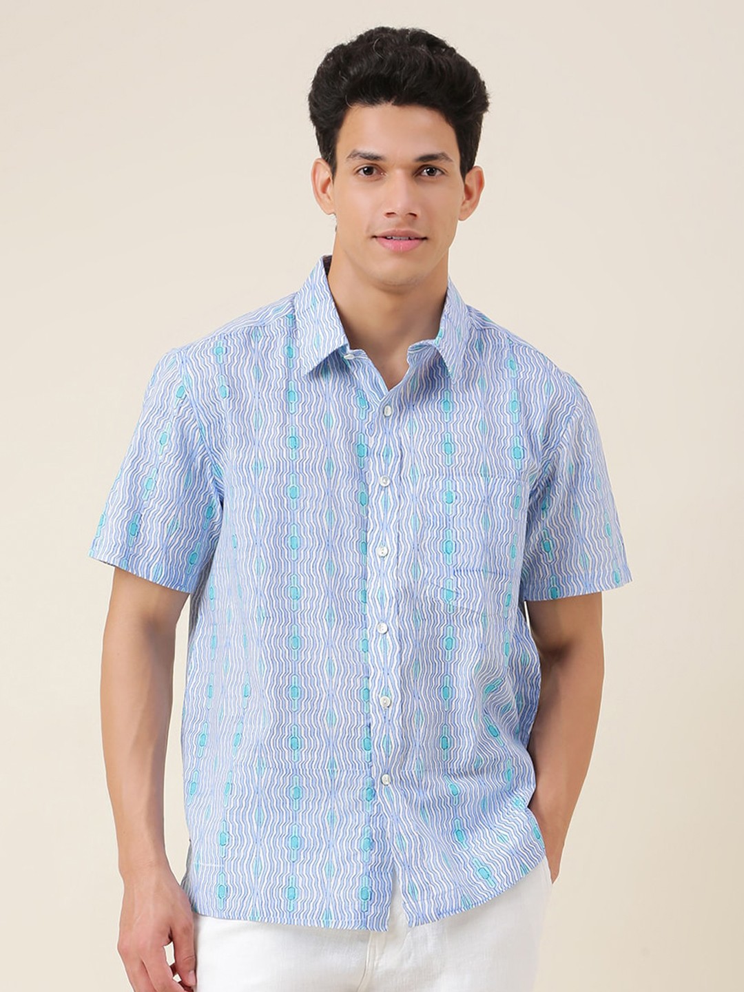 

Fabindia Men Cotton Straight Printed Casual Shirt, Blue