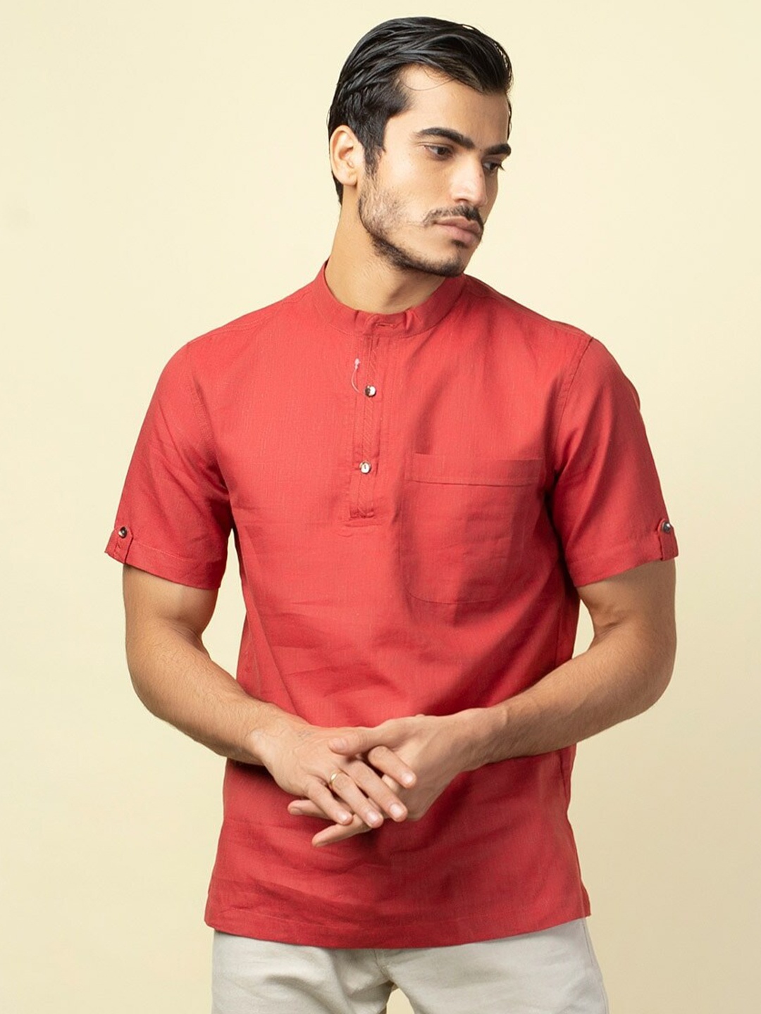 

Fabindia Men Red Mandarin Collar Comfort Casual Shirt