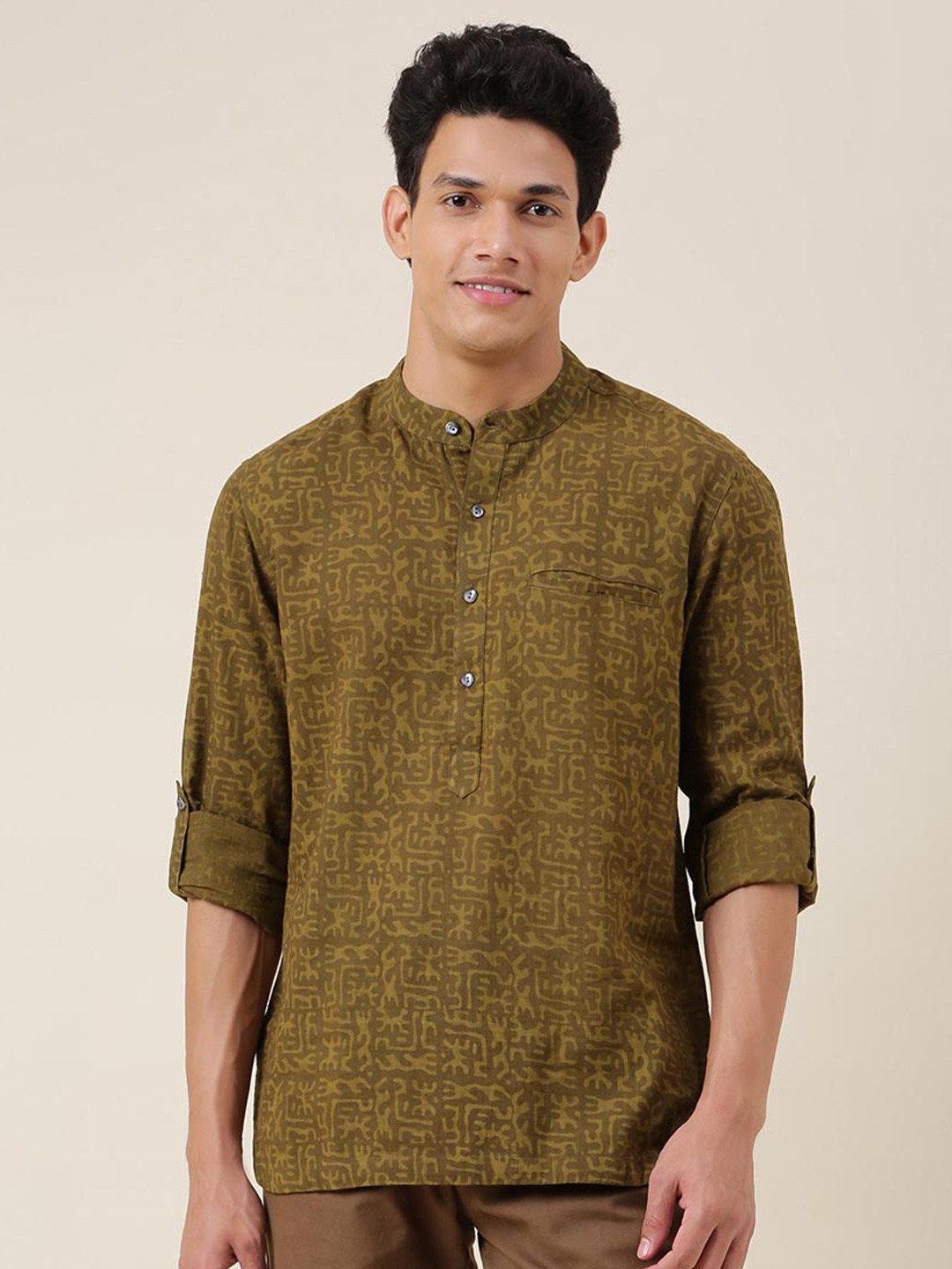 

Fabindia Men Slim Fit Printed Cotton Casual Shirt, Green