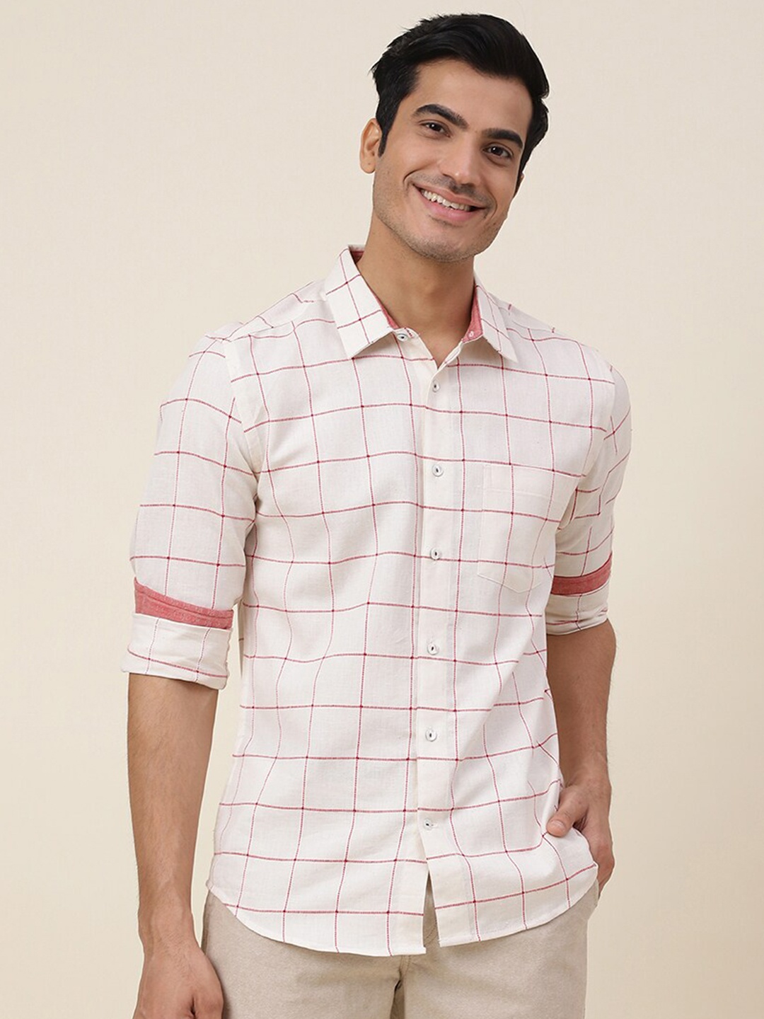 

Fabindia Men Slim Fit Windowpane Checks Cotton Casual Shirt, White