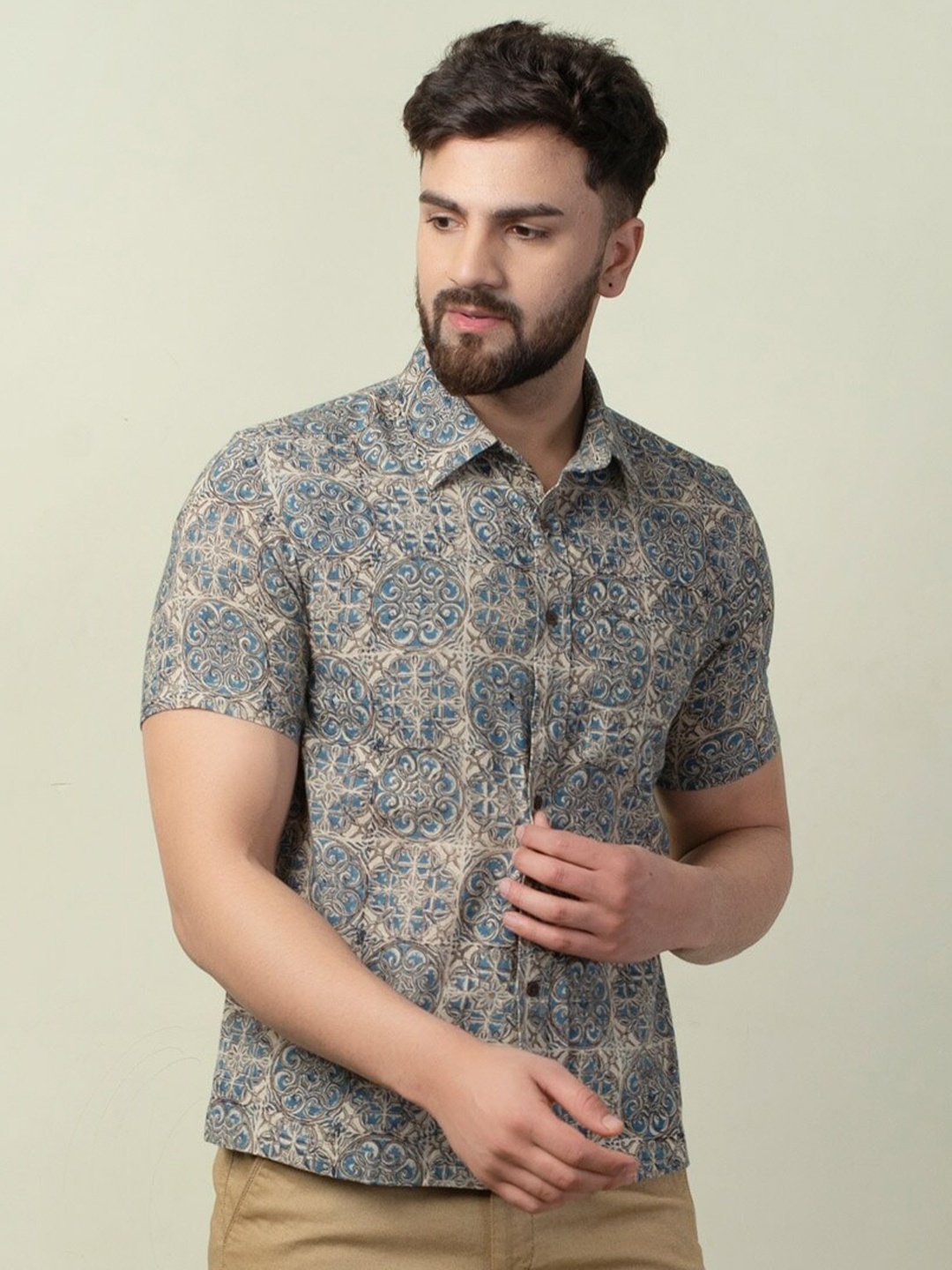 

Fabindia Men Comfort Printed Cotton Casual Shirt, Blue