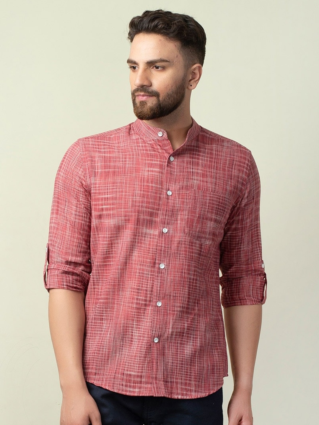 

Fabindia Men Slim Fit Printed Cotton Casual Shirt, Maroon