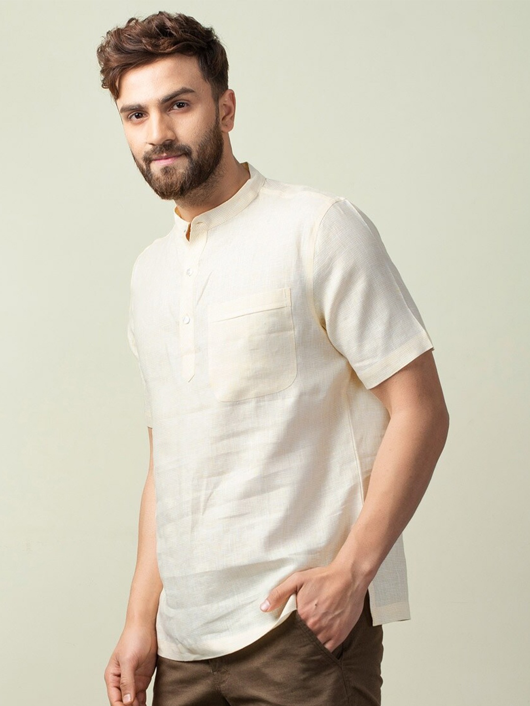 

Fabindia Men Yellow Comfort Mandarin Collar Casual Shirt