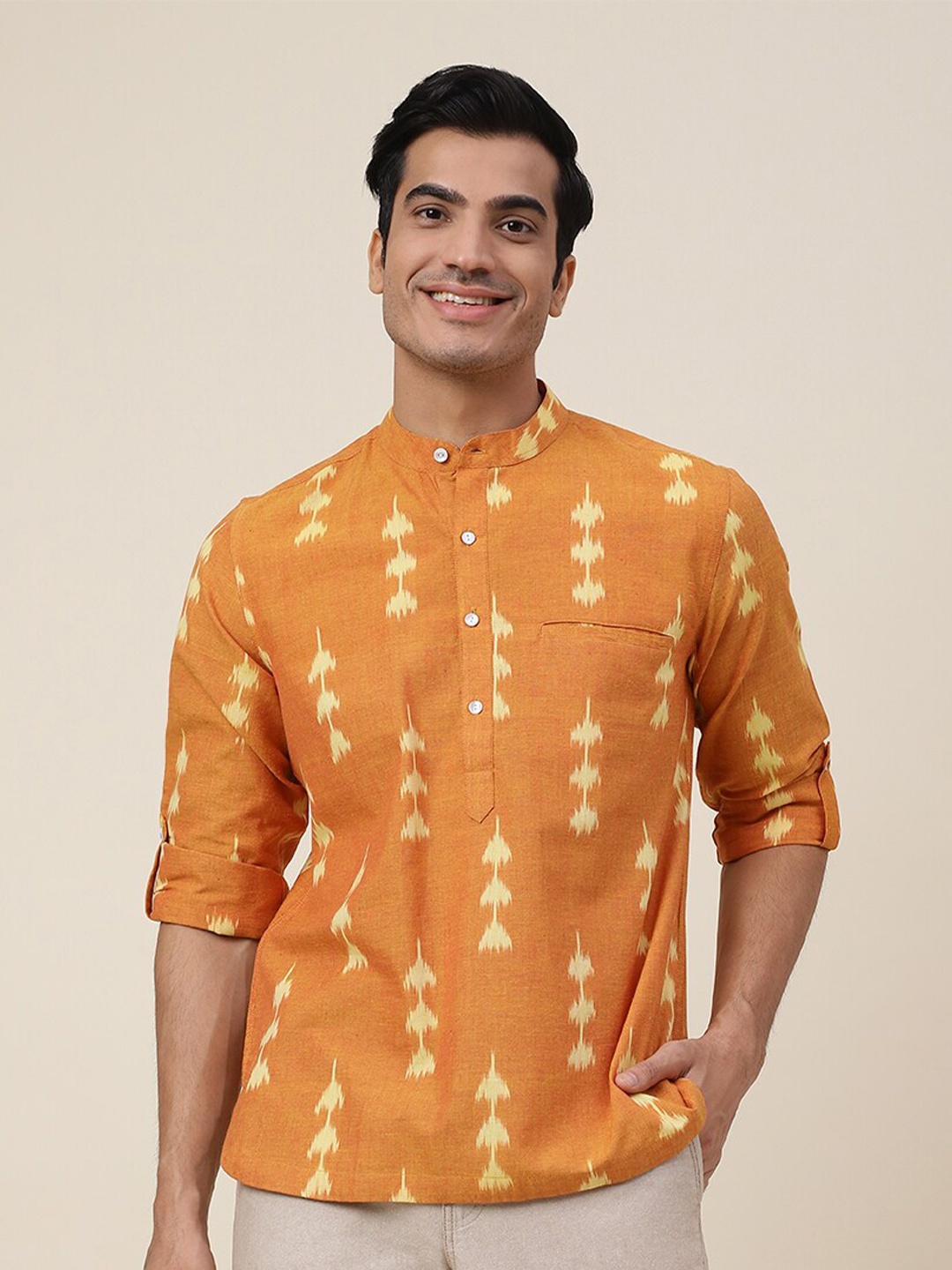 

Fabindia Men Slim Fit Printed Cotton Casual Shirt, Mustard