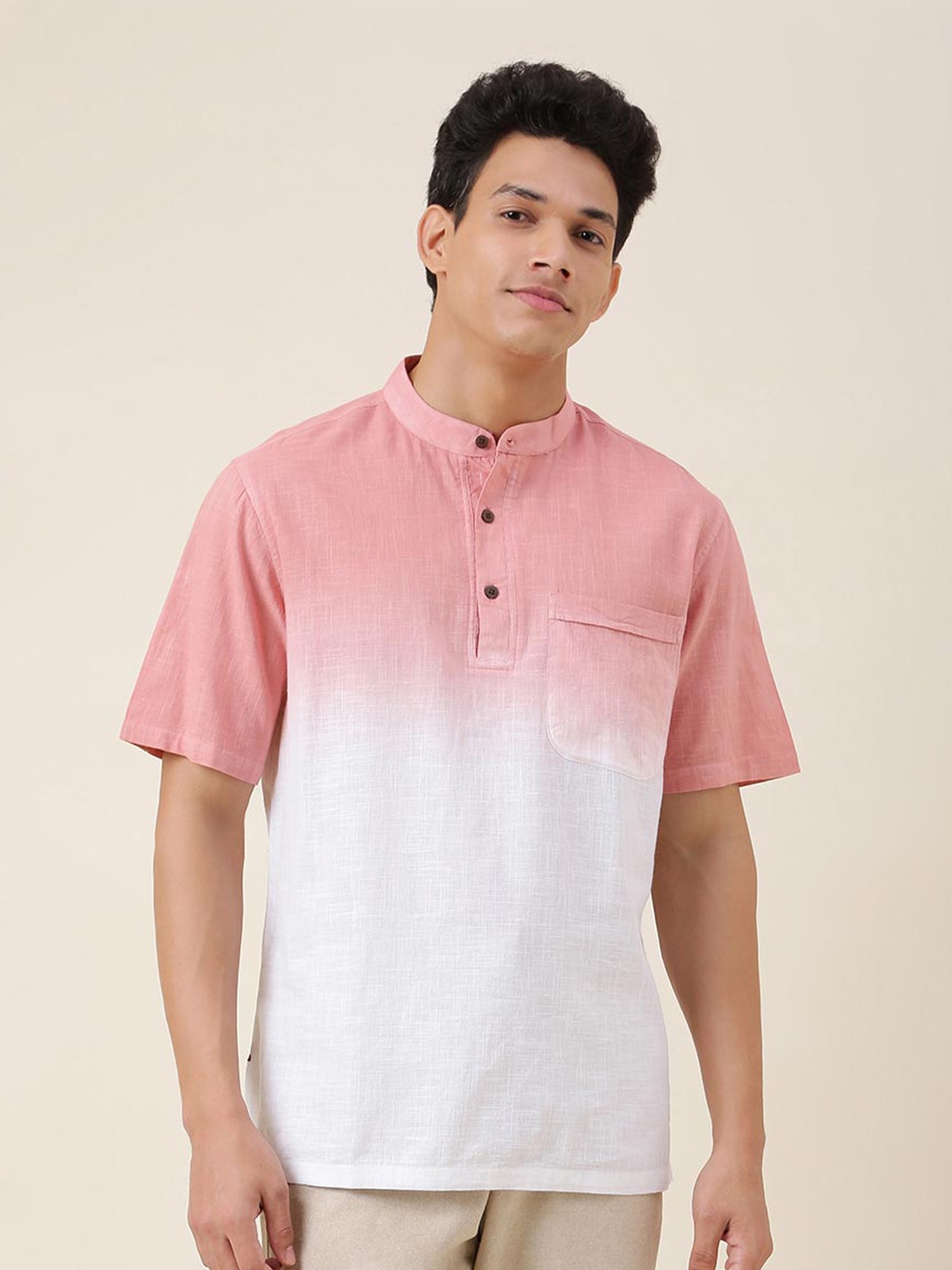 

Fabindia Men Pink & White Comfort Colourblocked CottonCasual Shirt