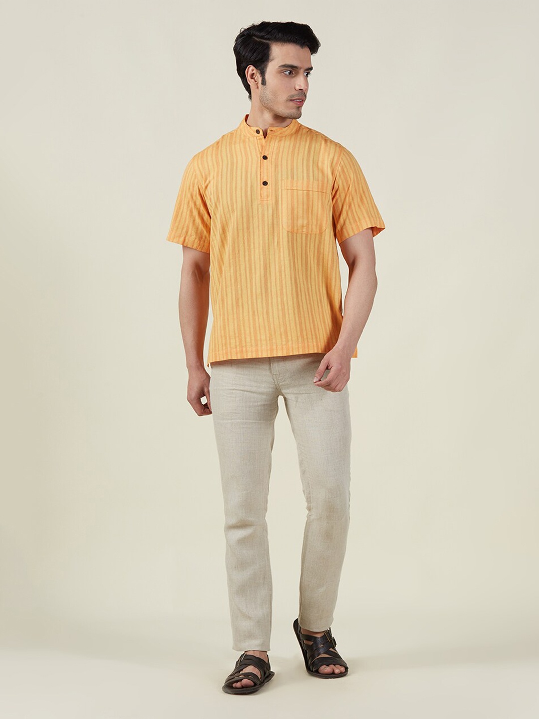

Fabindia Men Comfort Striped Cotton Casual Shirt, Yellow