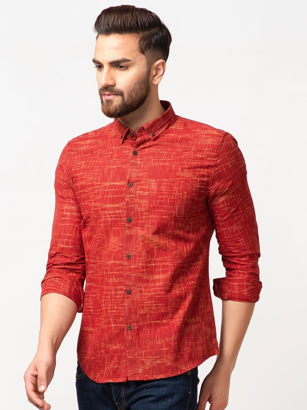 

Fabindia Men Slim Fit Printed Casual Cotton Shirt, Red