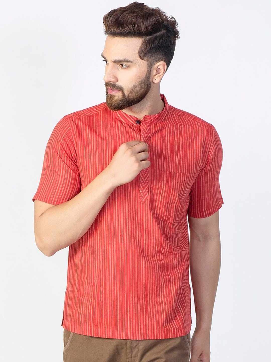 

Fabindia Men Comfort Striped Cotton Casual Shirt, Red
