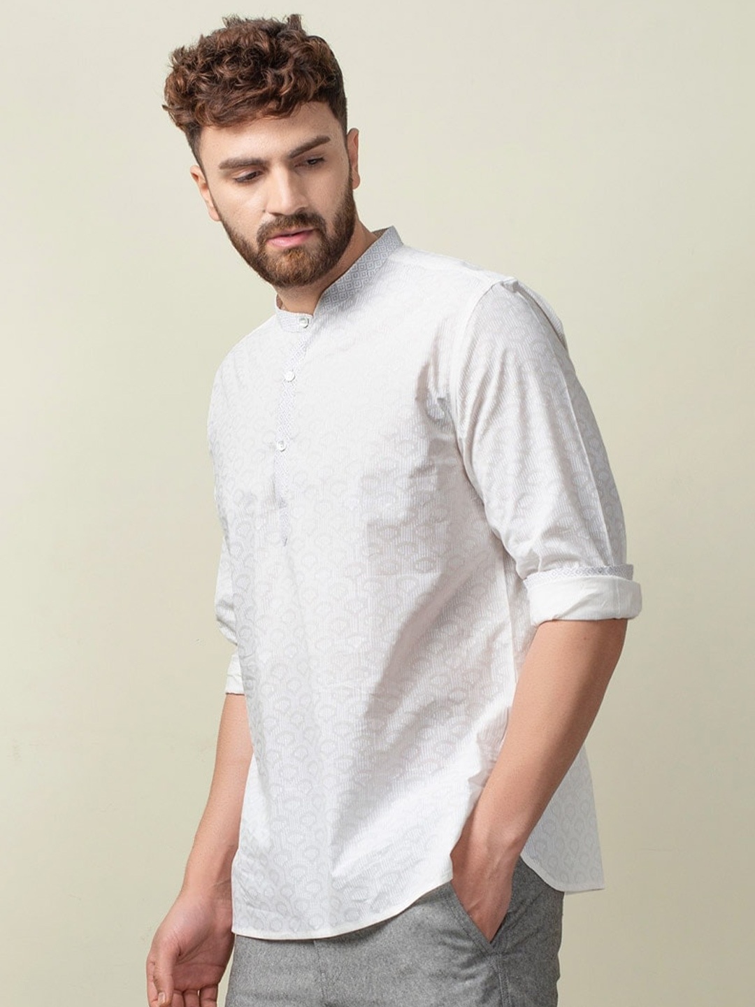 

Fabindia Men Slim Fit Printed Casual Cotton Shirt, White