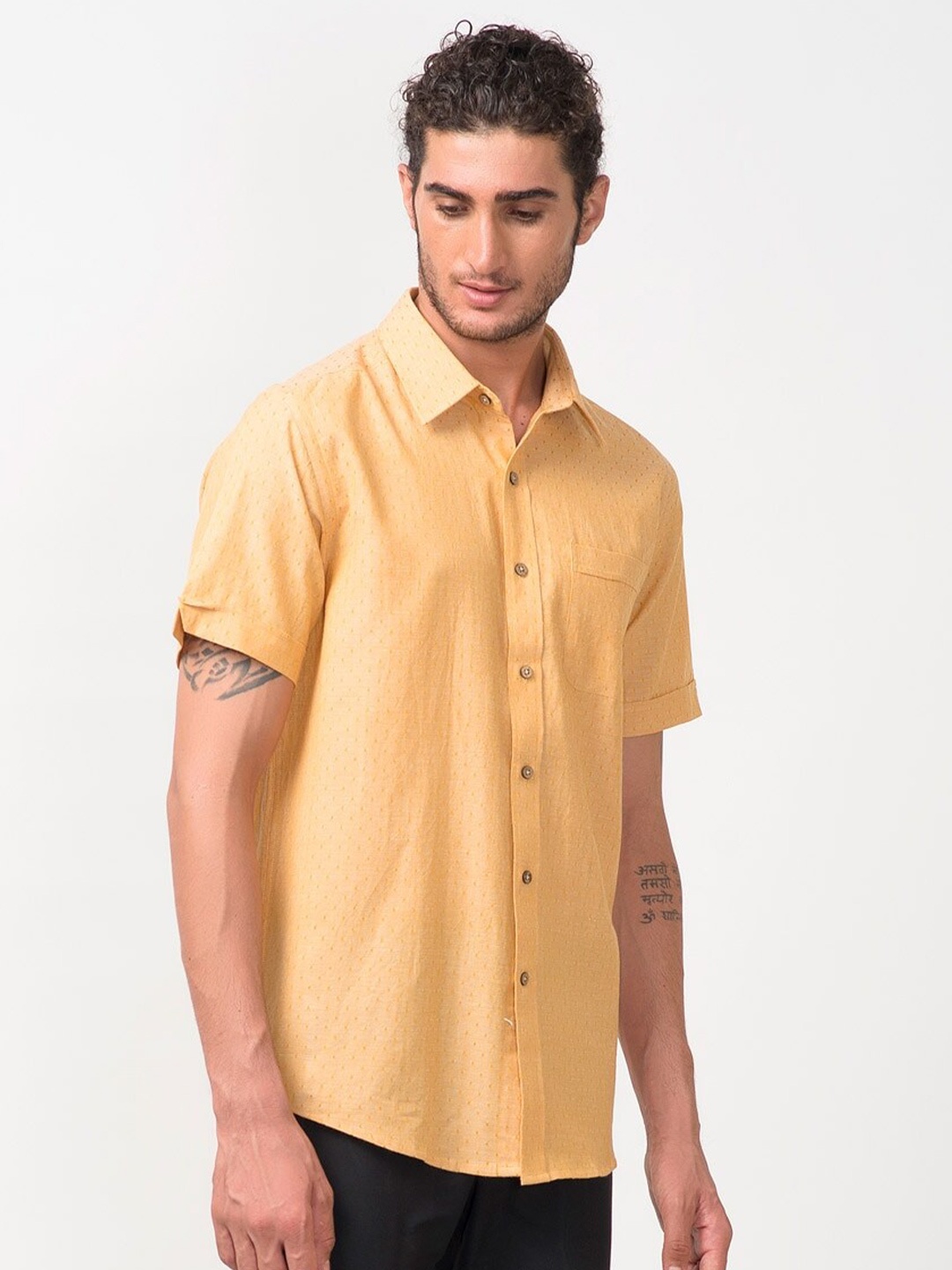 

Fabindia Men Comfort Printed Cotton Casual Shirt, Yellow