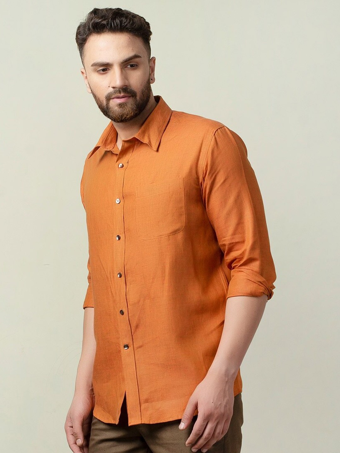 

Fabindia Men Orange Comfort Casual Spread Collar Shirt