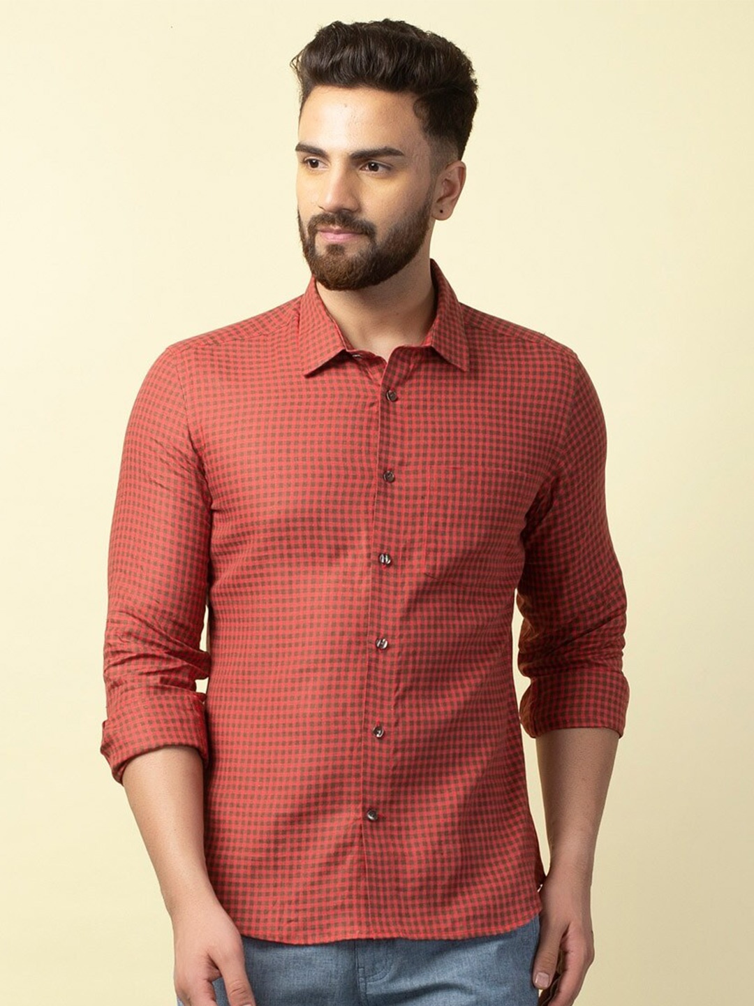 

Fabindia Men Red Slim Fit Micro Checks Checked Casual Shirt