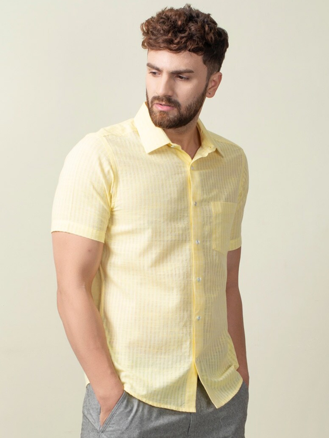 

Fabindia Men Slim Fit Striped Cotton Casual Shirt, Yellow