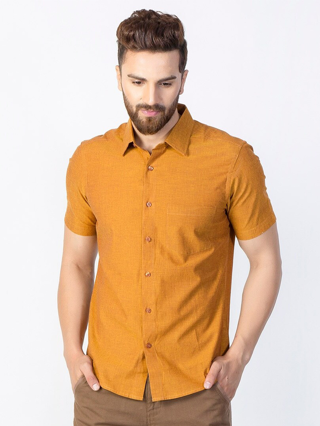 

Fabindia Men Mustard Slim Fit Cotton Casual Shirt