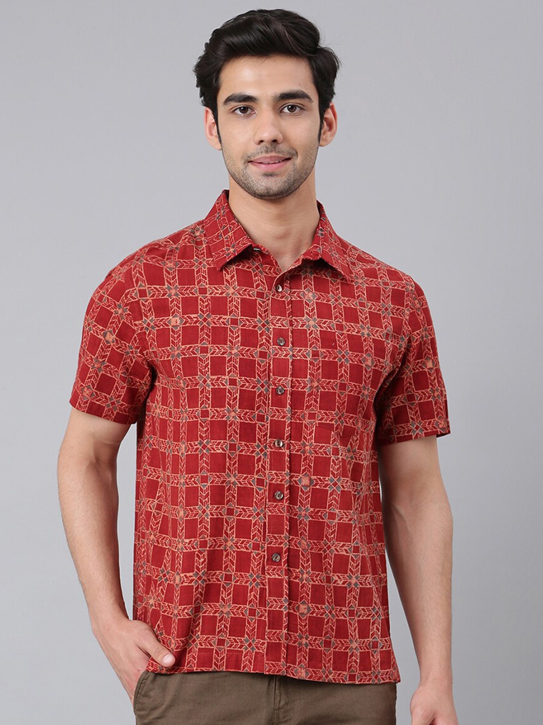 

Fabindia Men Comfort Printed Cotton Casual Shirt, Red