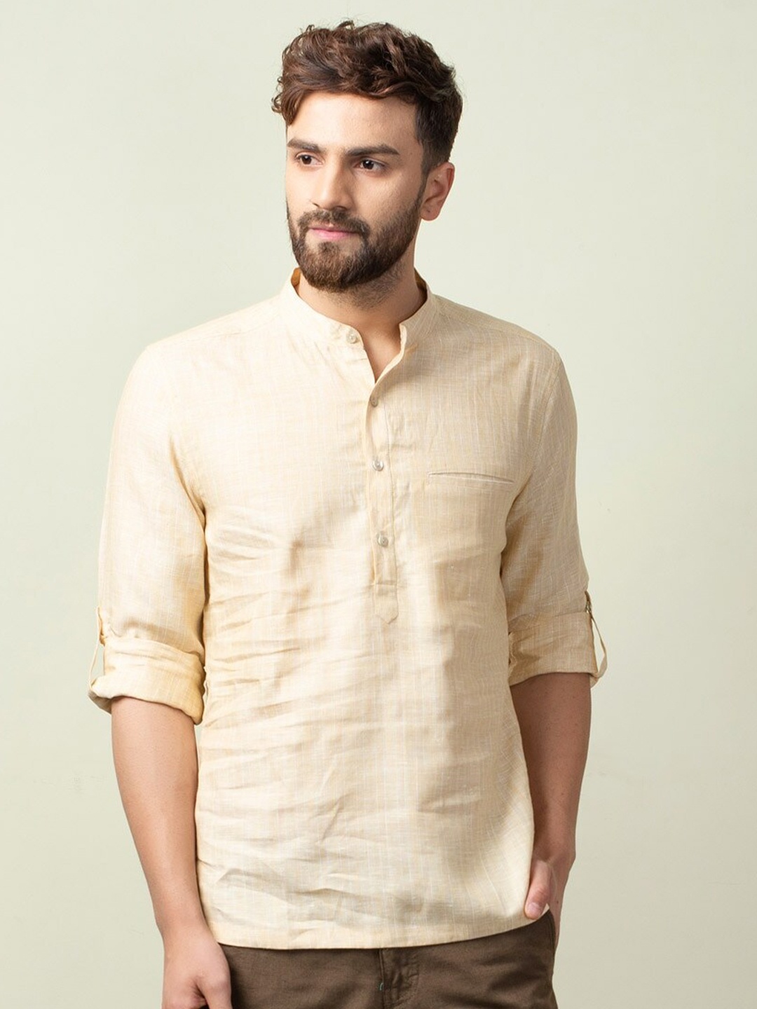 

Fabindia Men Yellow Slim Fit Striped Linen Casual Shirt