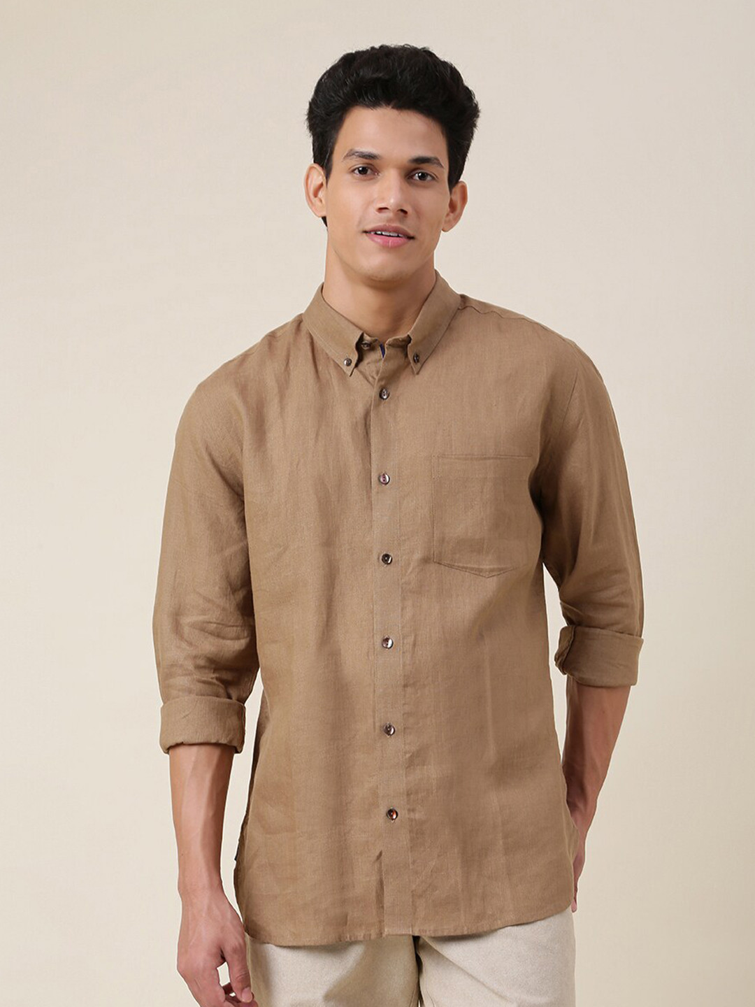 

Fabindia Men Brown Slim Fit Linen Casual Shirt