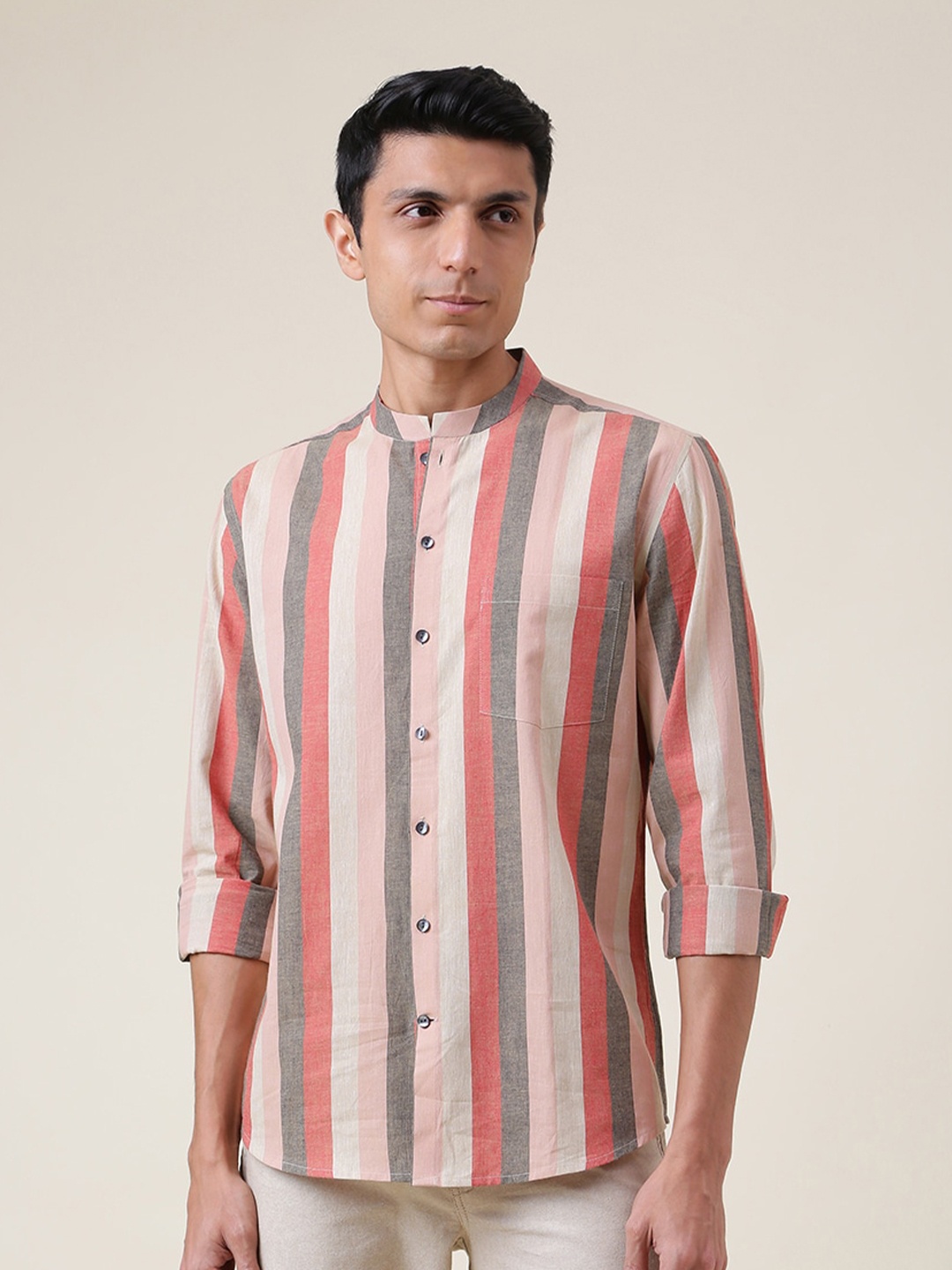 

Fabindia Men Slim Fit Multi Stripes Cotton Casual Shirt, Brown