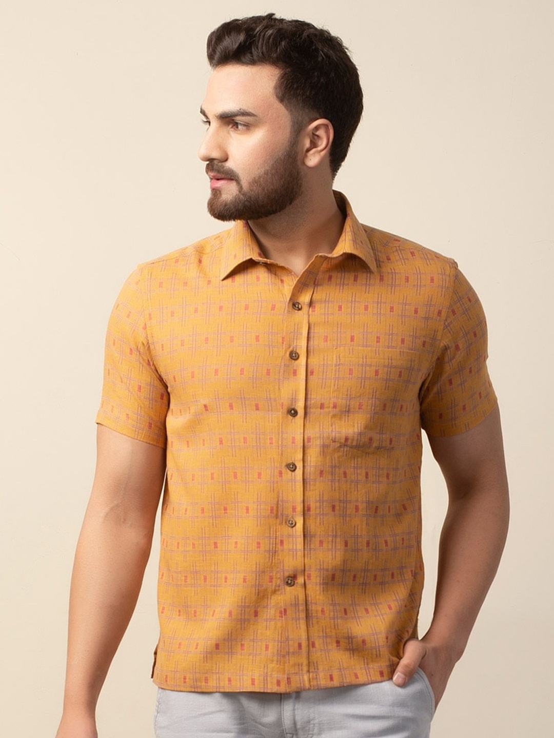 

Fabindia Men Comfort Printed Cotton Casual Shirt, Mustard