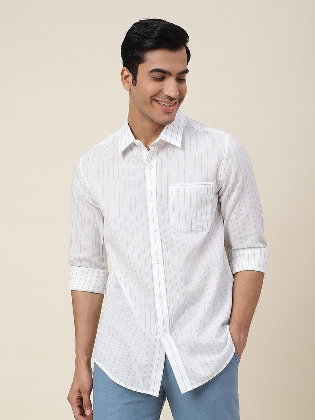 

Fabindia Men Comfort Striped Cotton Casual Shirt, White