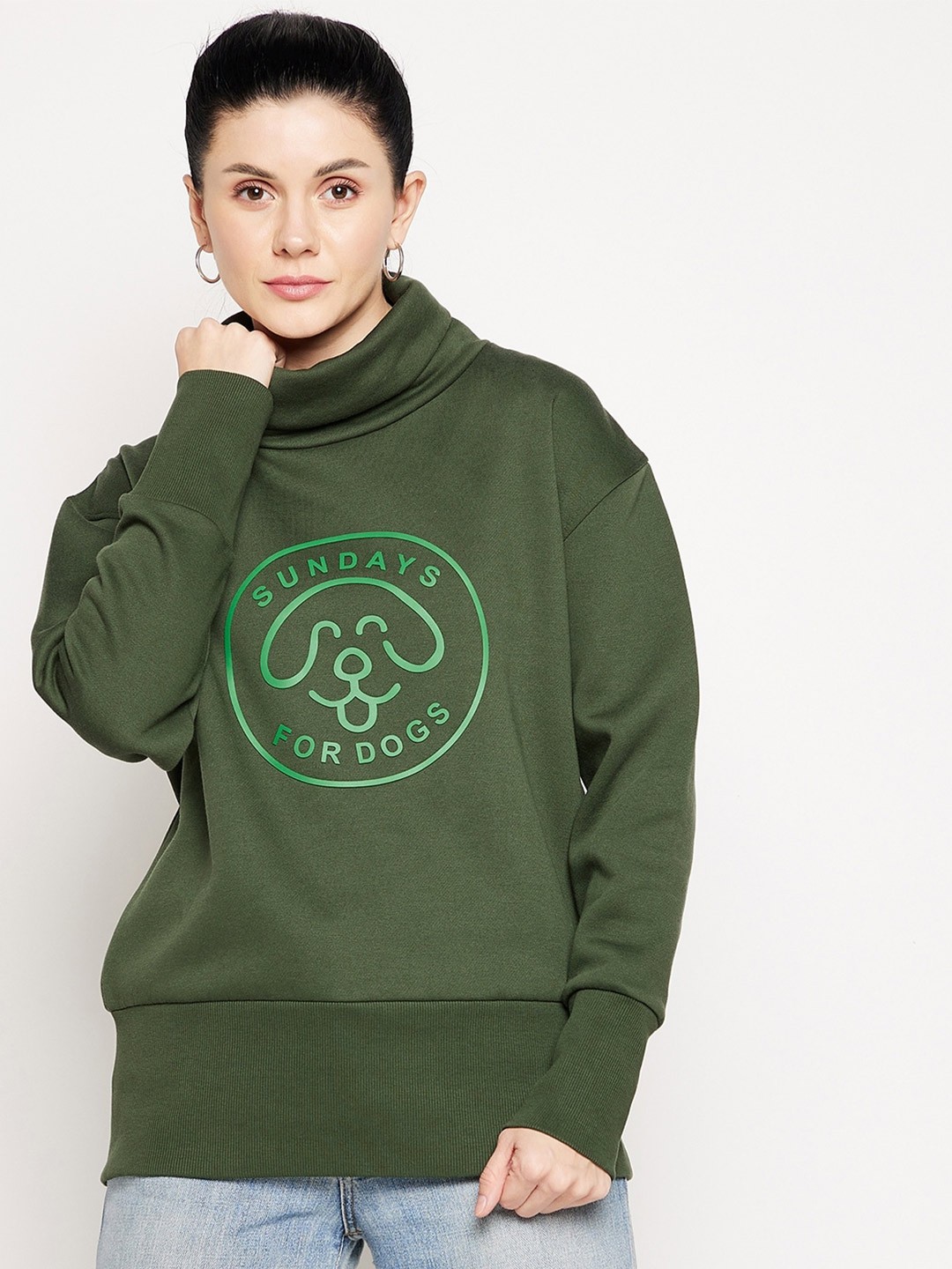 

EDRIO Women Green Printed Fleece Sweatshirt