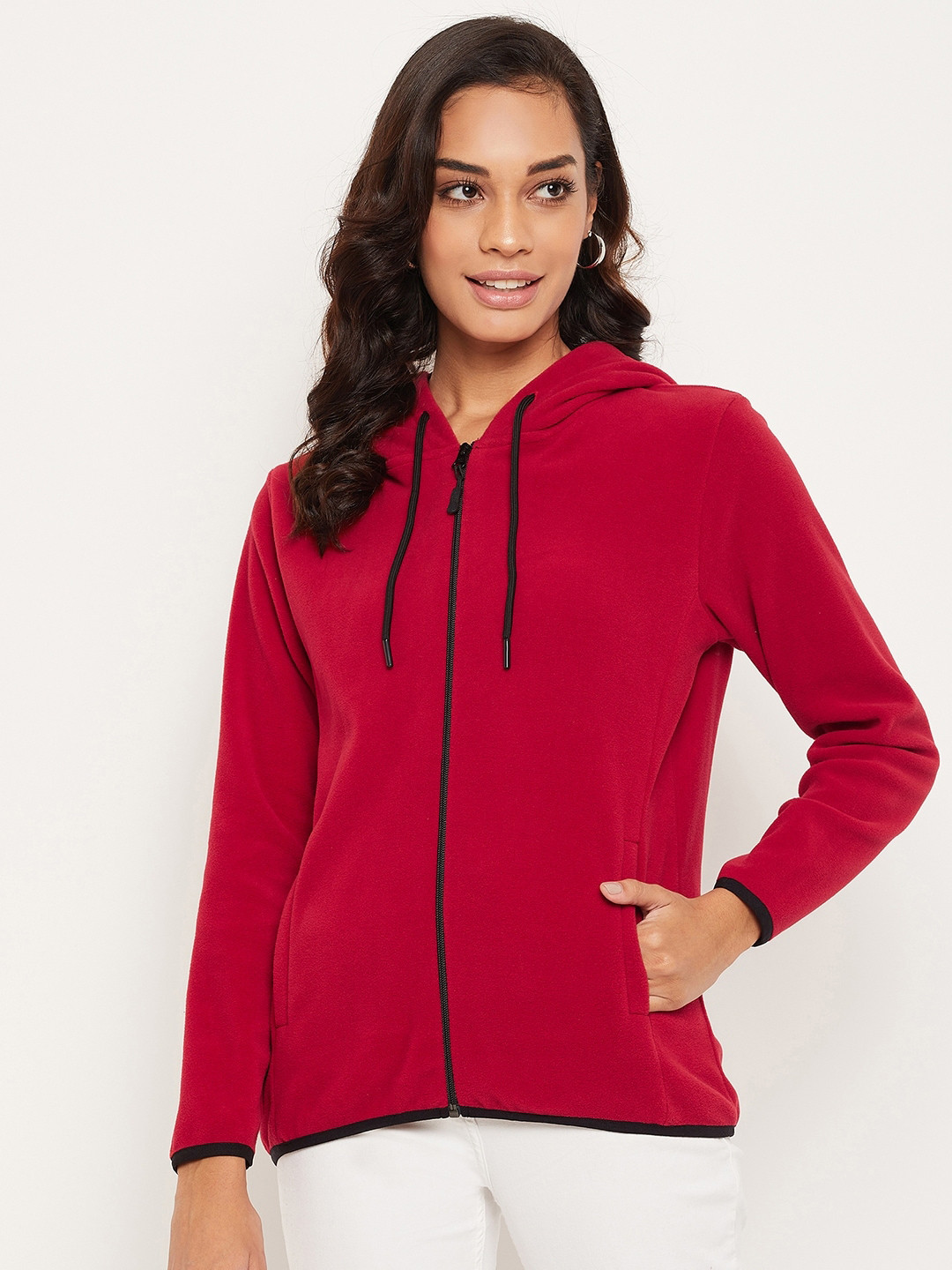 

EDRIO Women Red Hooded Fleece Sweatshirt